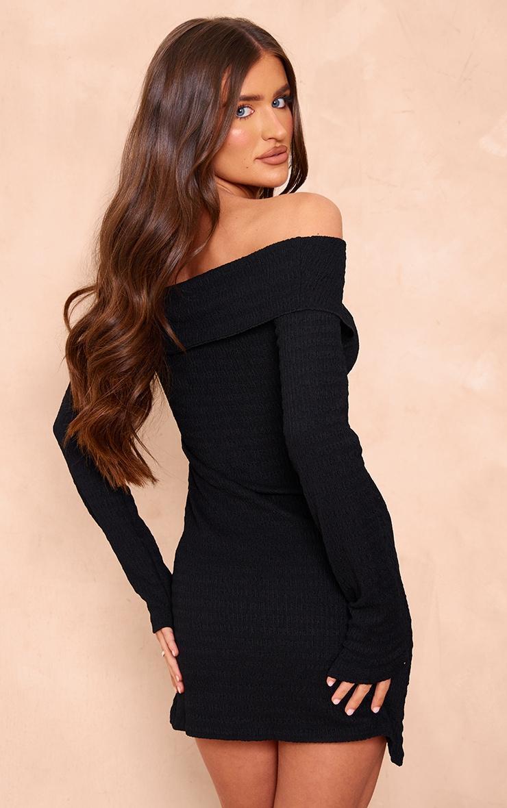 Black Textured Fold Over Bardot Shift Dress Product Image