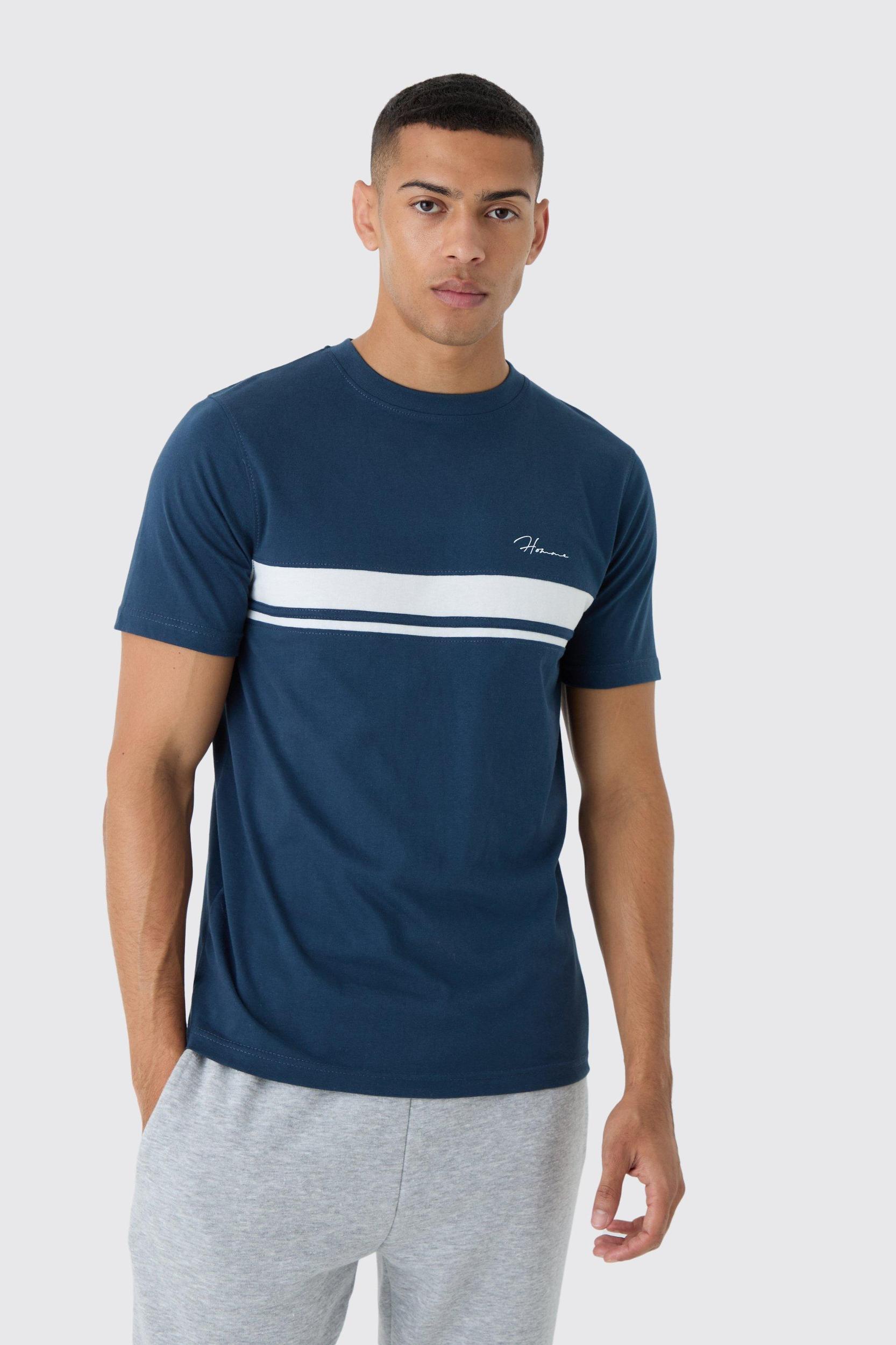 Mens Slim Homme Script Colour Block T-shirt - Navy Product Image