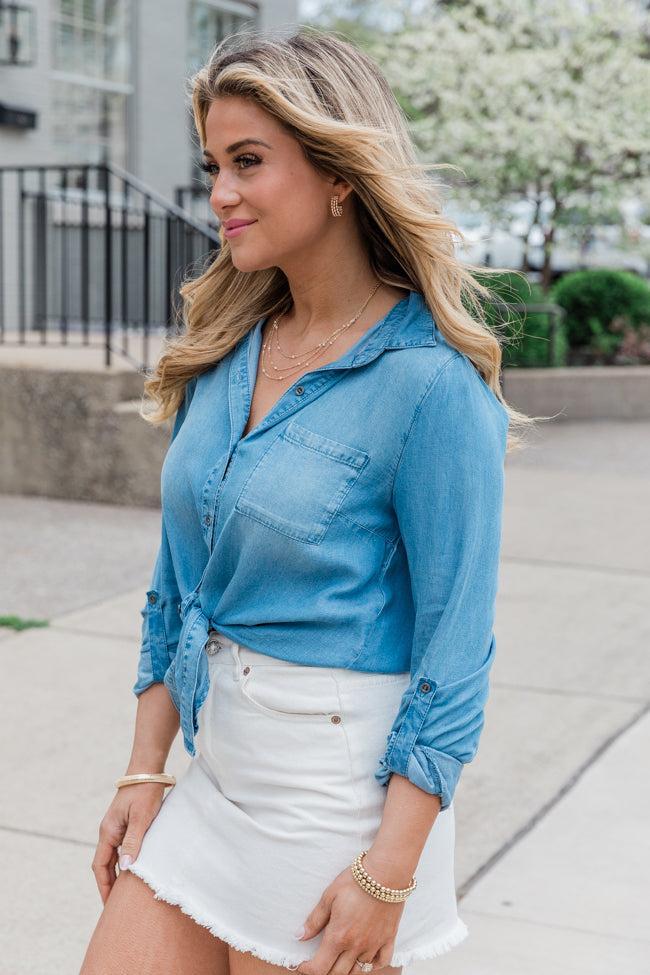 Simplify Life Medium Tie Front Chambray Blouse SALE Product Image