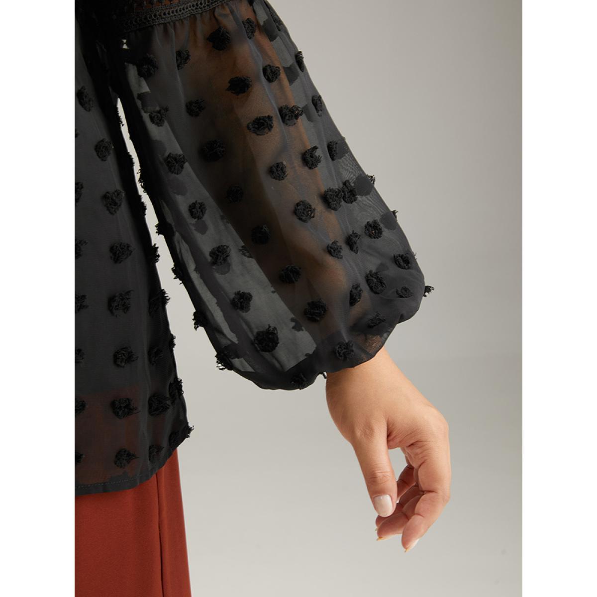 Plus Size Black Polka Dot Frill Trim Mesh Blouse Women Elegant Long Sleeve Notched collar Dailywear Blouses BloomChic 12/L Product Image