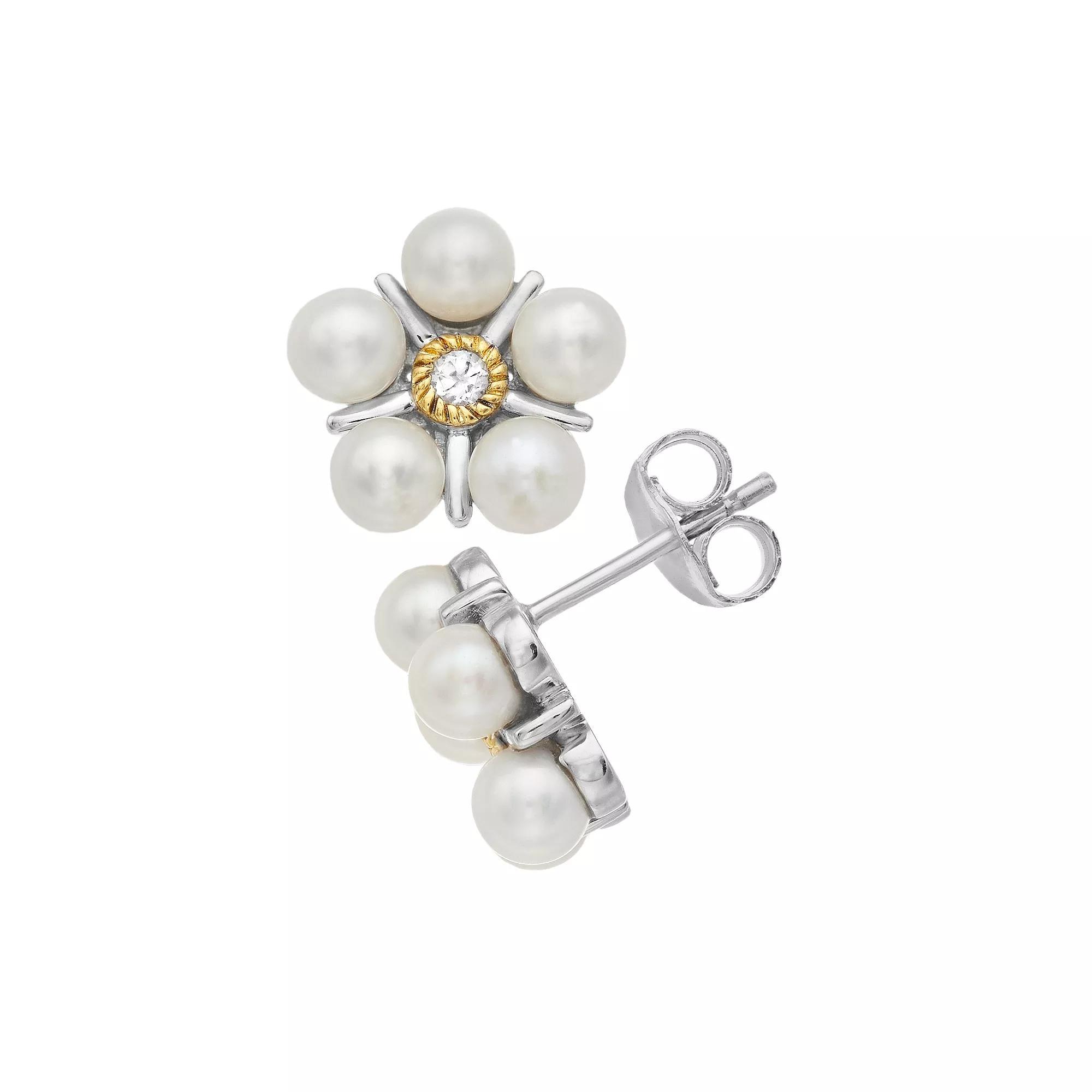 Two Tone Sterling Silver Freshwater Cultured Pearl & White Topaz Stud Earrings, Women's Product Image