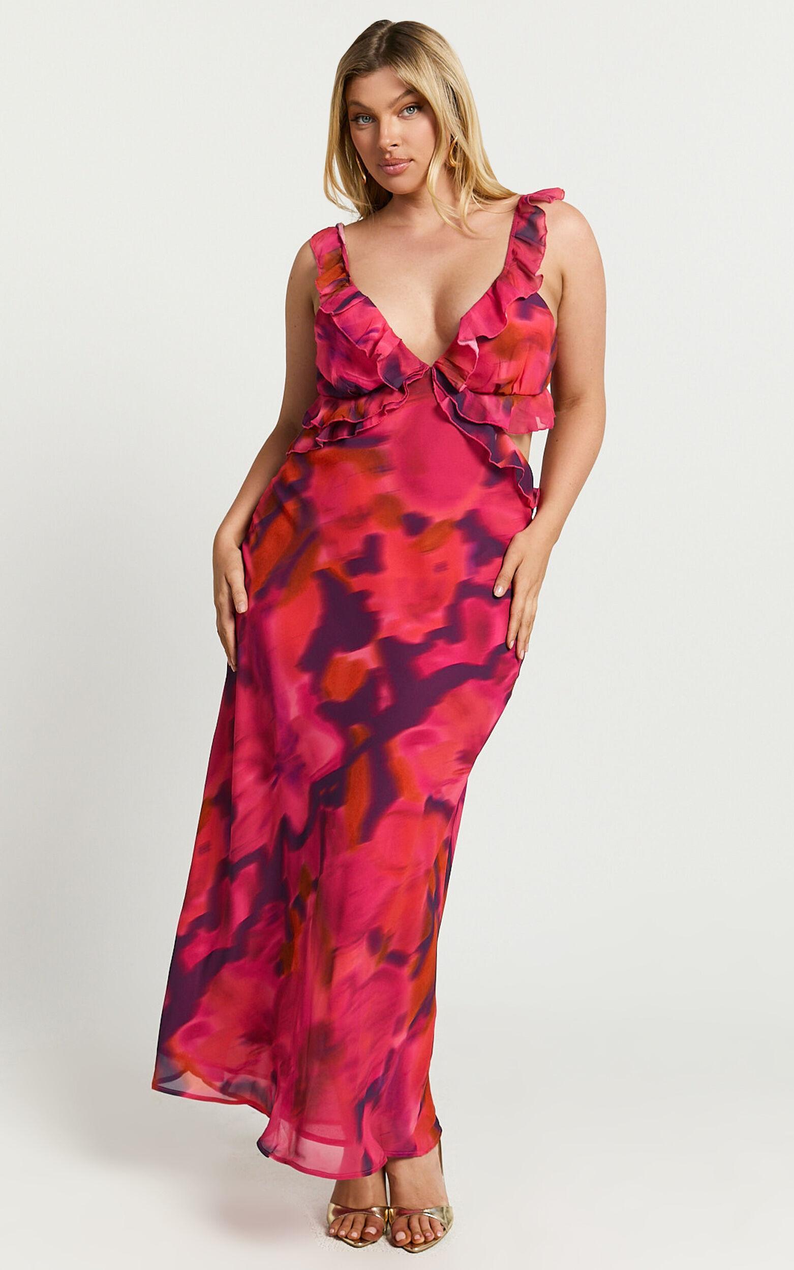 Alessa Maxi Dress - V Neck Frill Detail Empire Waist Back Cut Out Dress in Adeana Print Product Image