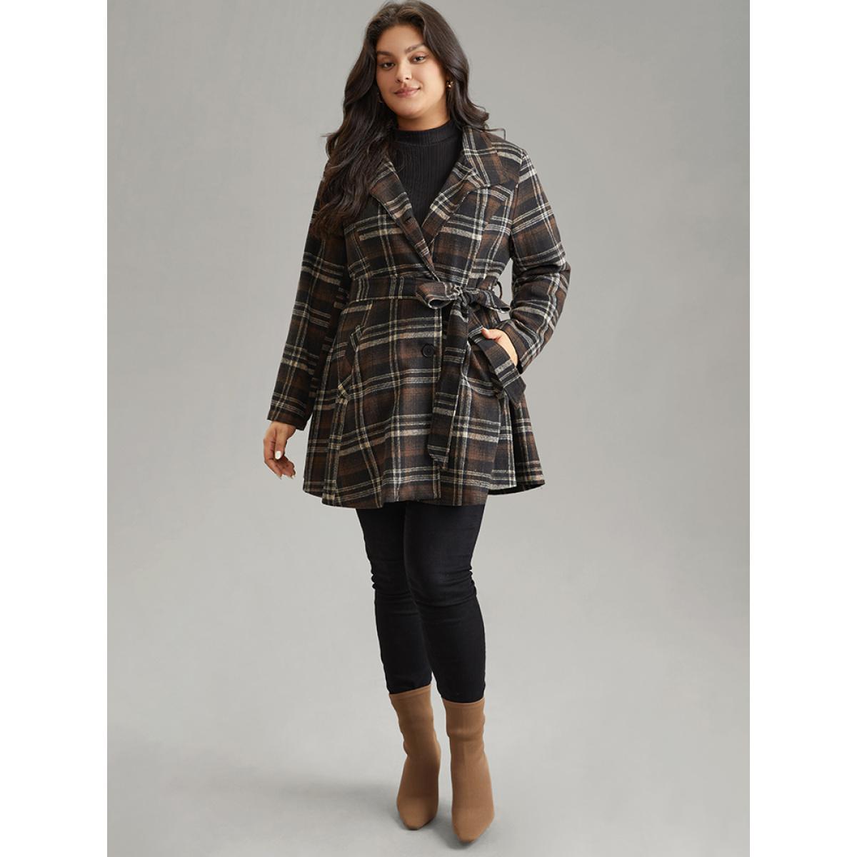 Plus Size Lapel Collar Plaid Button Through Belted Coat Women DarkBrown Elegant Lined Ladies Dailywear Winter Coats BloomChic 18-20/2X Product Image