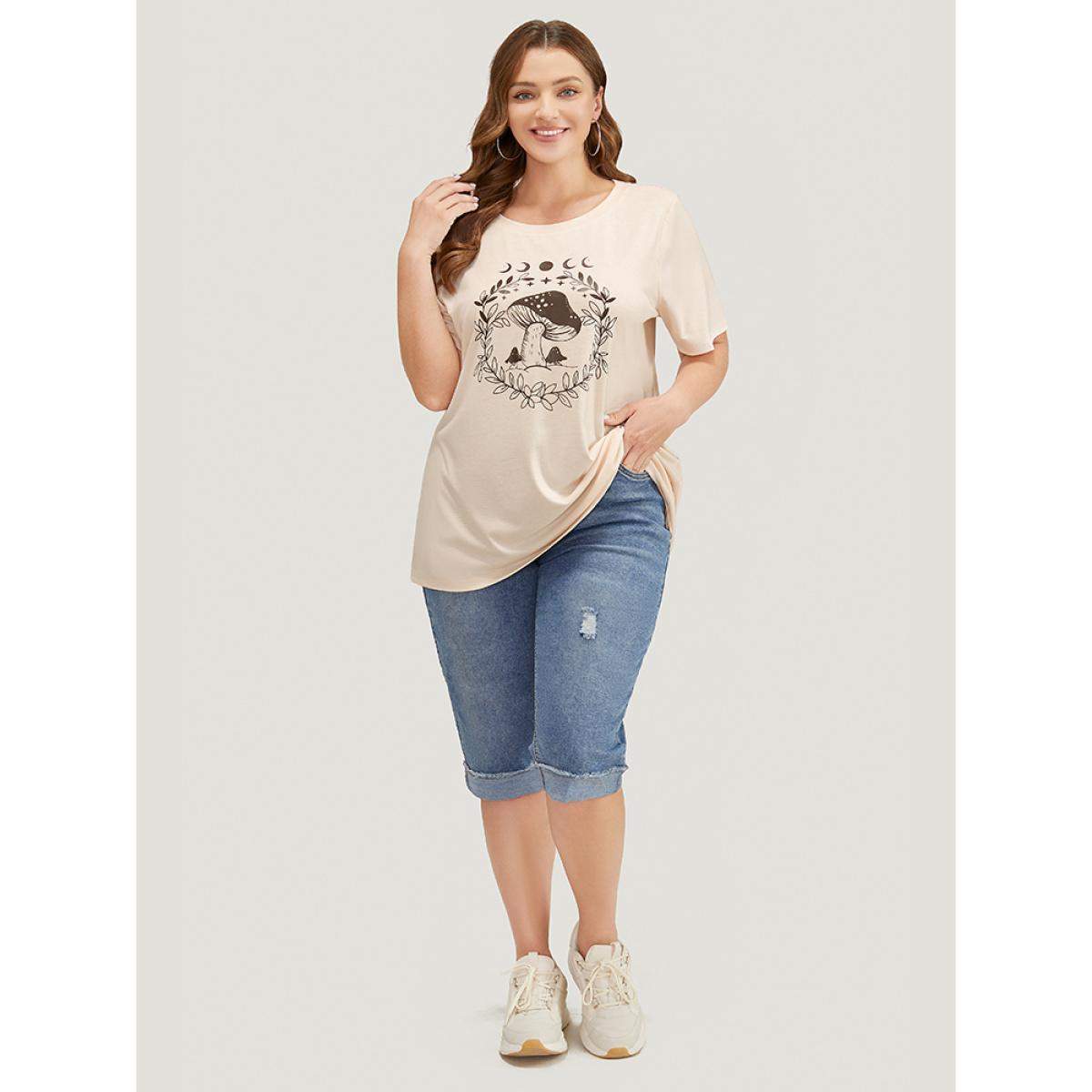 Plus Size Mushroom & Moon Print Short Sleeve Crew Neck T-shirt Apricot Women Casual Natural Flowers Dailywear T-shirts BloomChic 18-20/2X Product Image