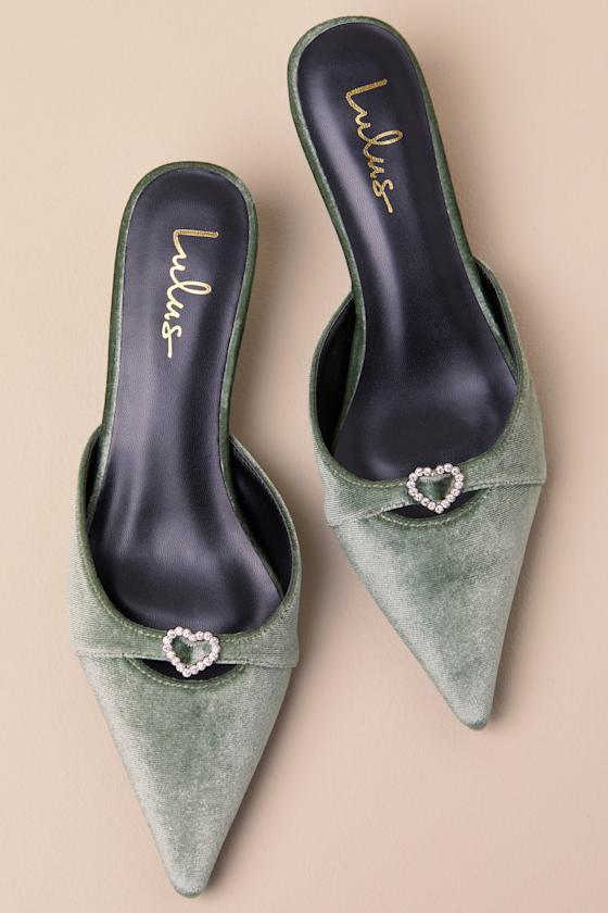 Ambersen Sage Velvet Pointed-Toe Kitten Heel Pumps Product Image