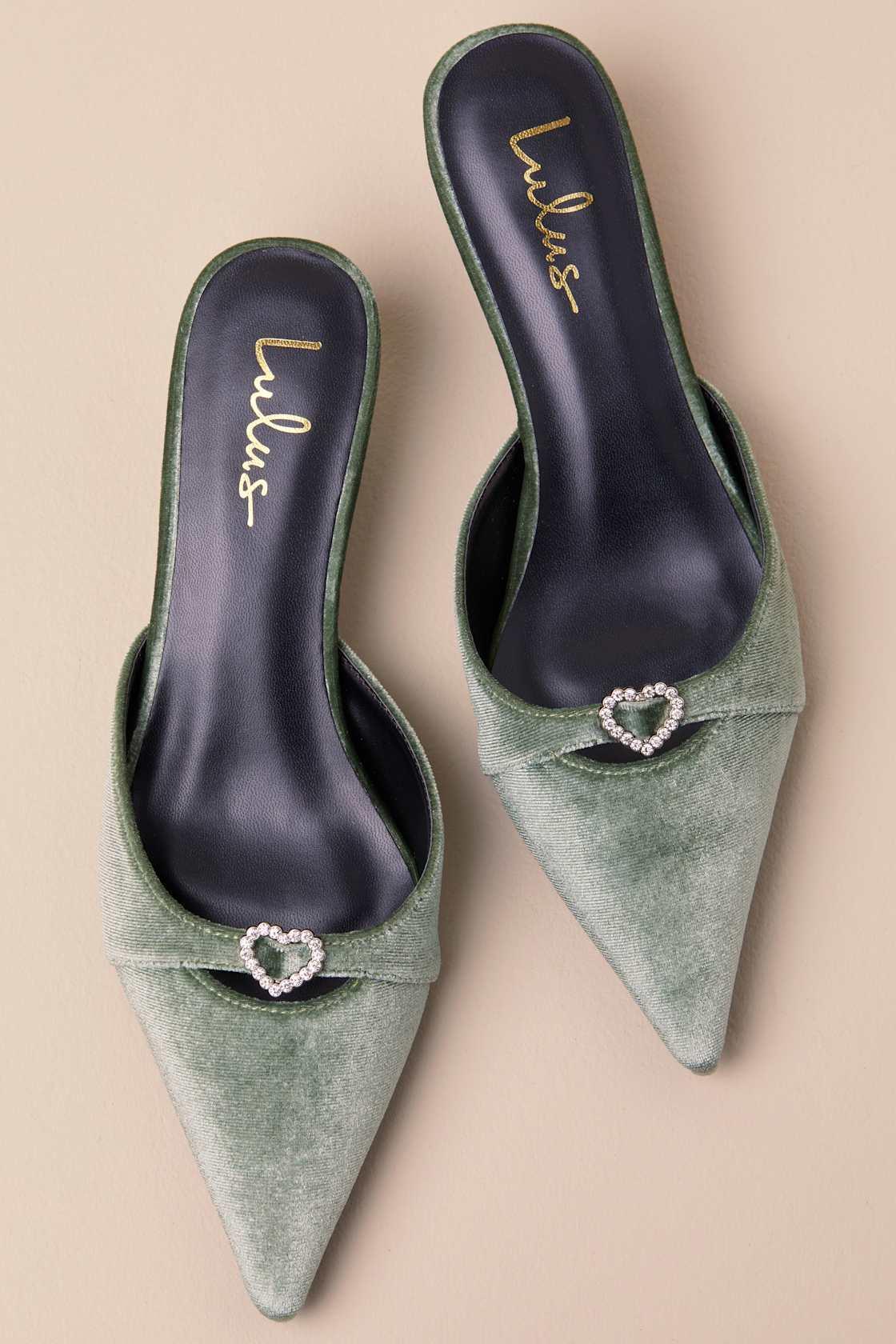 Ambersen Sage Velvet Pointed-Toe Kitten Heel Pumps Product Image