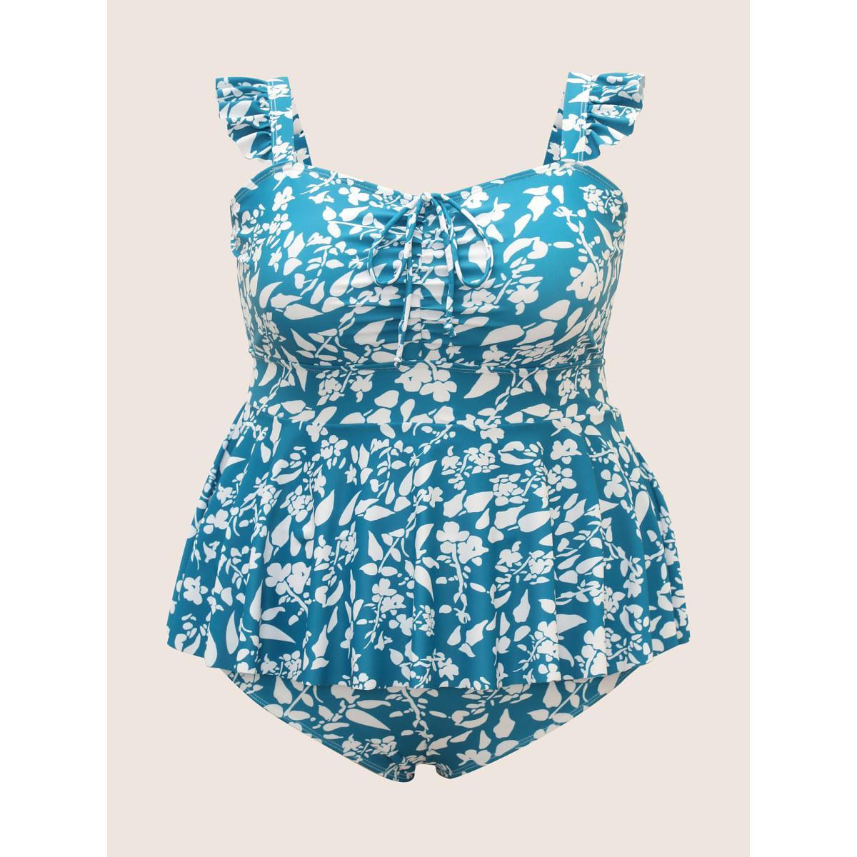 Plus Size Ditsy Floral Tiered Ruffles One Piece Swimsuit Women's Swimwear Teal Beach Gathered Curve Bathing Suits High stretch One Pieces BloomChic 12/L Product Image