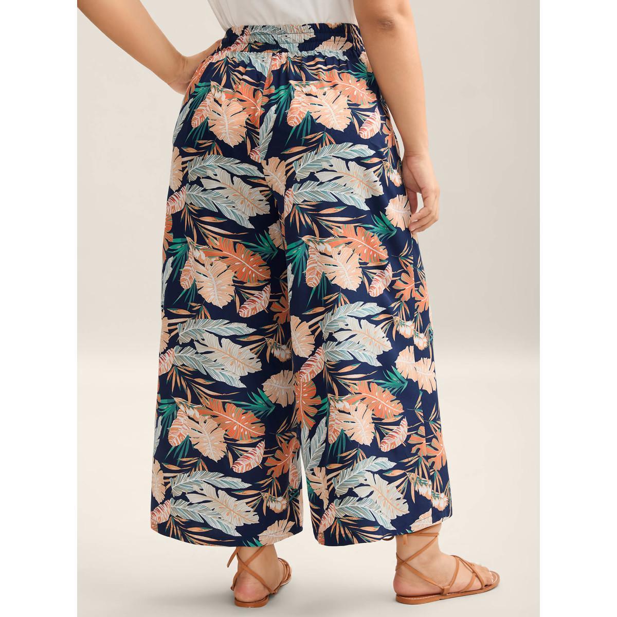 Plus Size Tropical Leaf Print Wide-Leg Pants Women Indigo Resort Wide Leg Mid Rise Vacation Pants BloomChic 18-20/2X Product Image