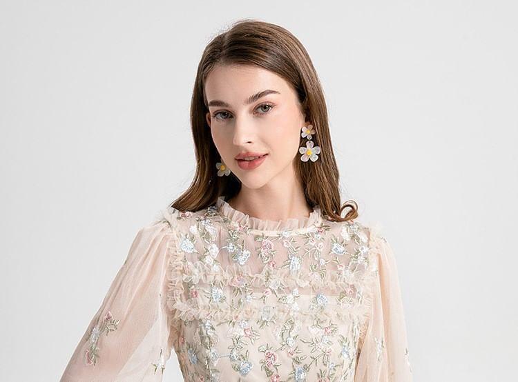 Long Sleeve Round Neck Floral Embroidered Frill Mesh Maxi A-Line Dress Product Image