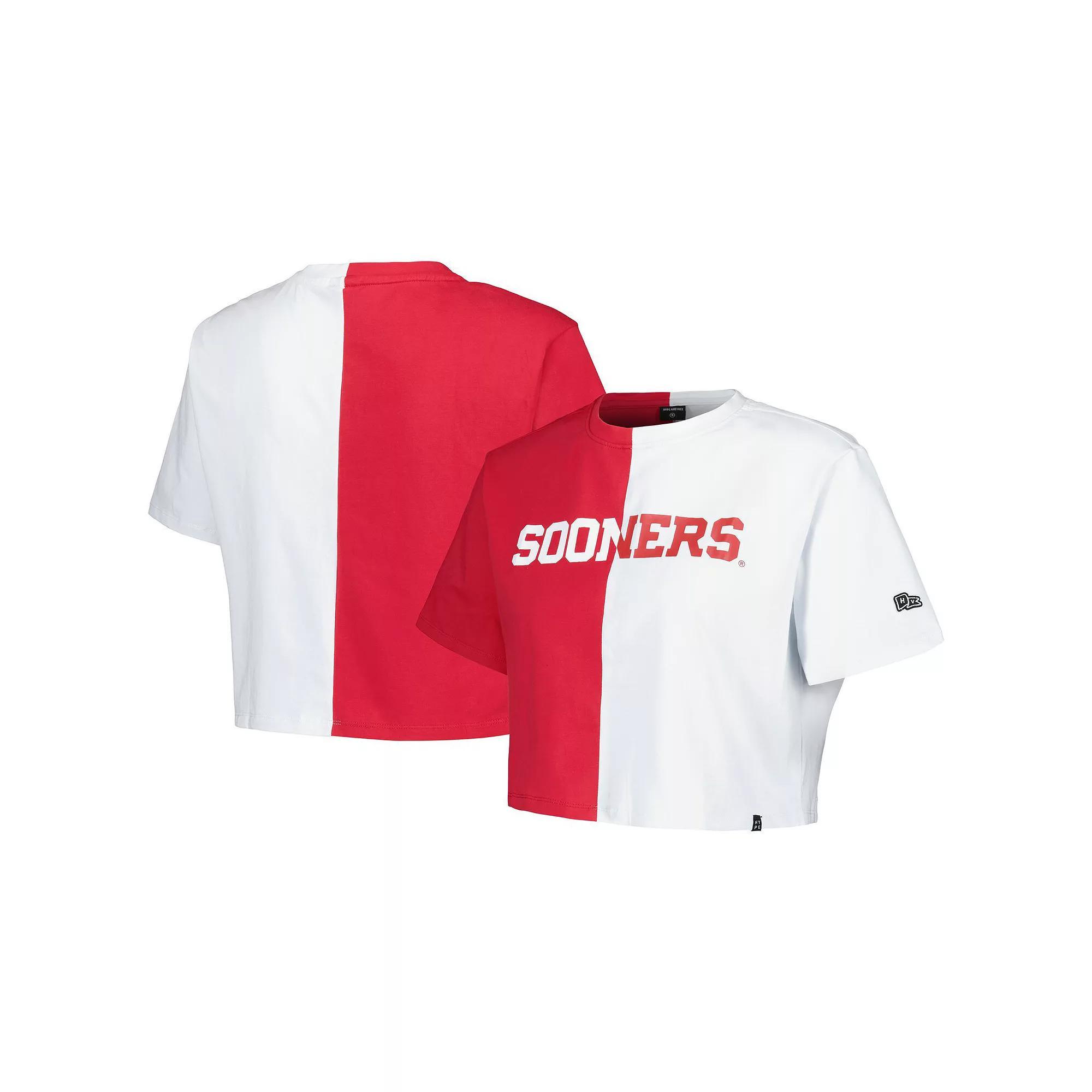 Women's Hype and Vice Crimson/White Oklahoma Sooners Color Block Brandy Cropped T-Shirt, Size: XL, Red Product Image