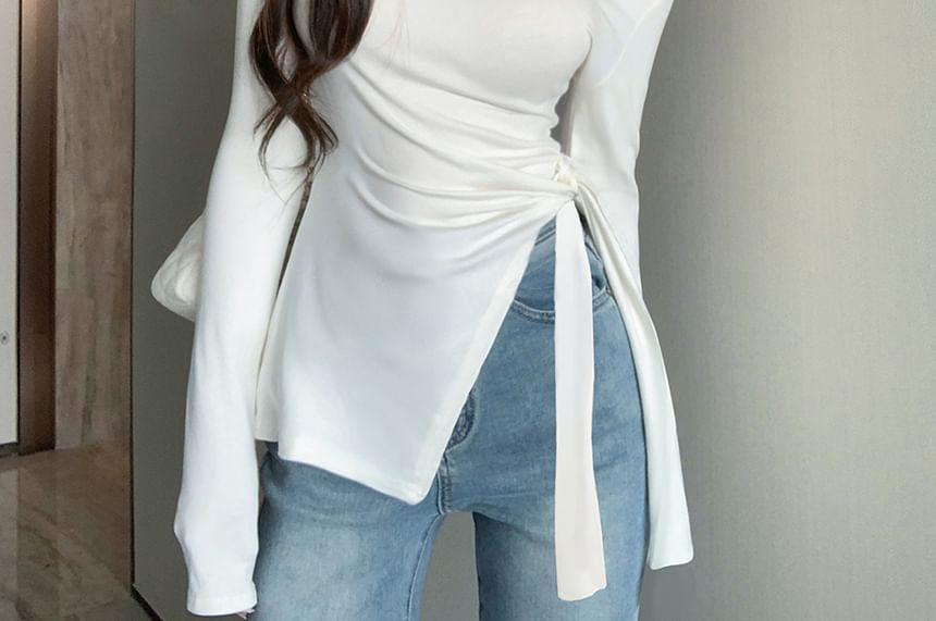 Long Sleeve One Shoulder Plain Tie-Up Slit Top Product Image
