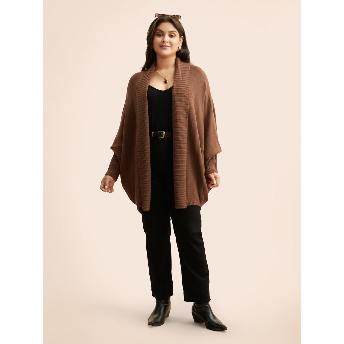 Plus Size Texture Kimono Collar Dolman Sleeve Cardigan Browncoffeecolor Women Casual Loose Long Sleeve Everyday Cardigans BloomChic 30/6X Product Image
