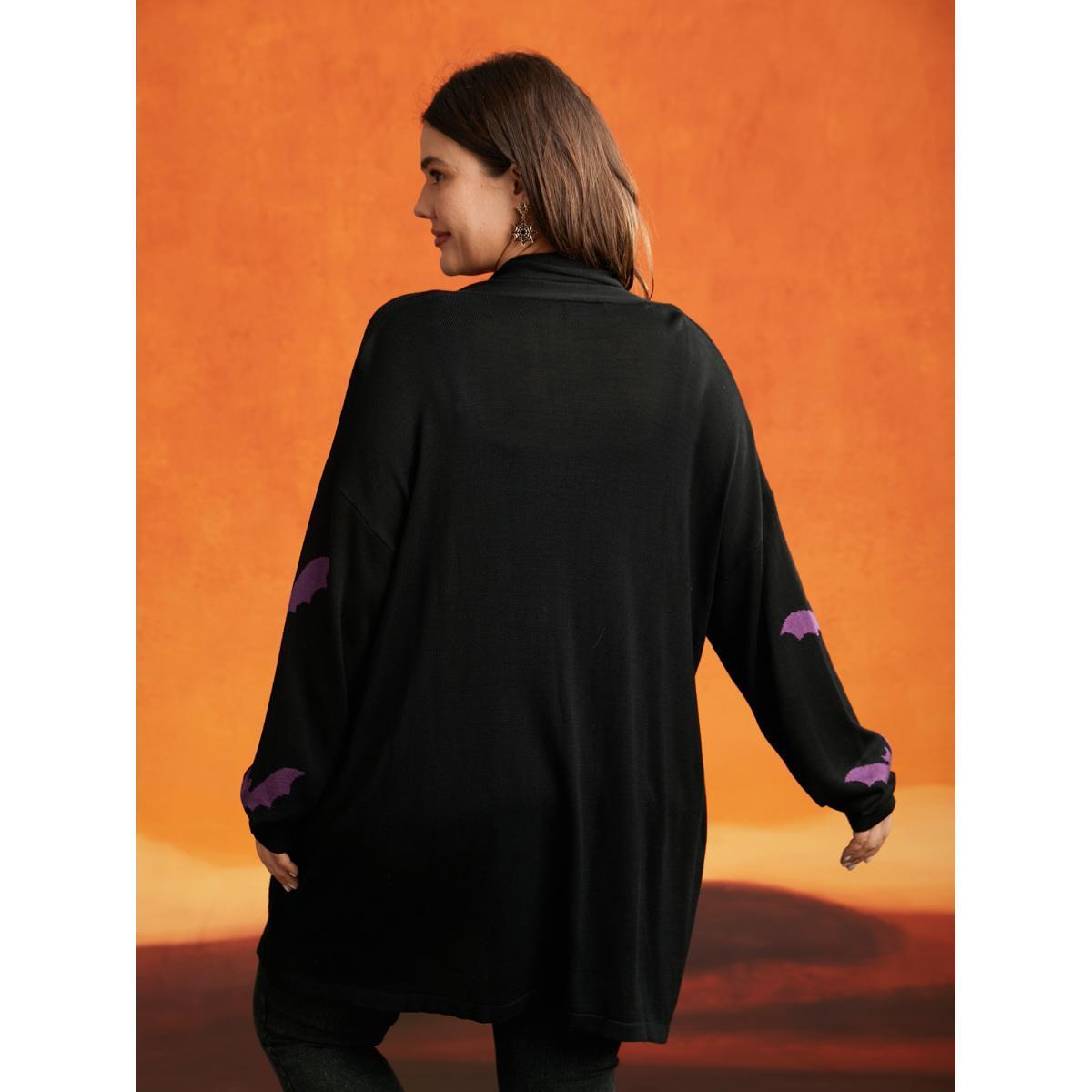 Plus Size Supersoft Essentials Halloween Bat Pattern Lapel Collar Cardigan Black Women Casual Loose Long Sleeve Festival-Halloween Cardigans BloomChic 22-24/3X Product Image