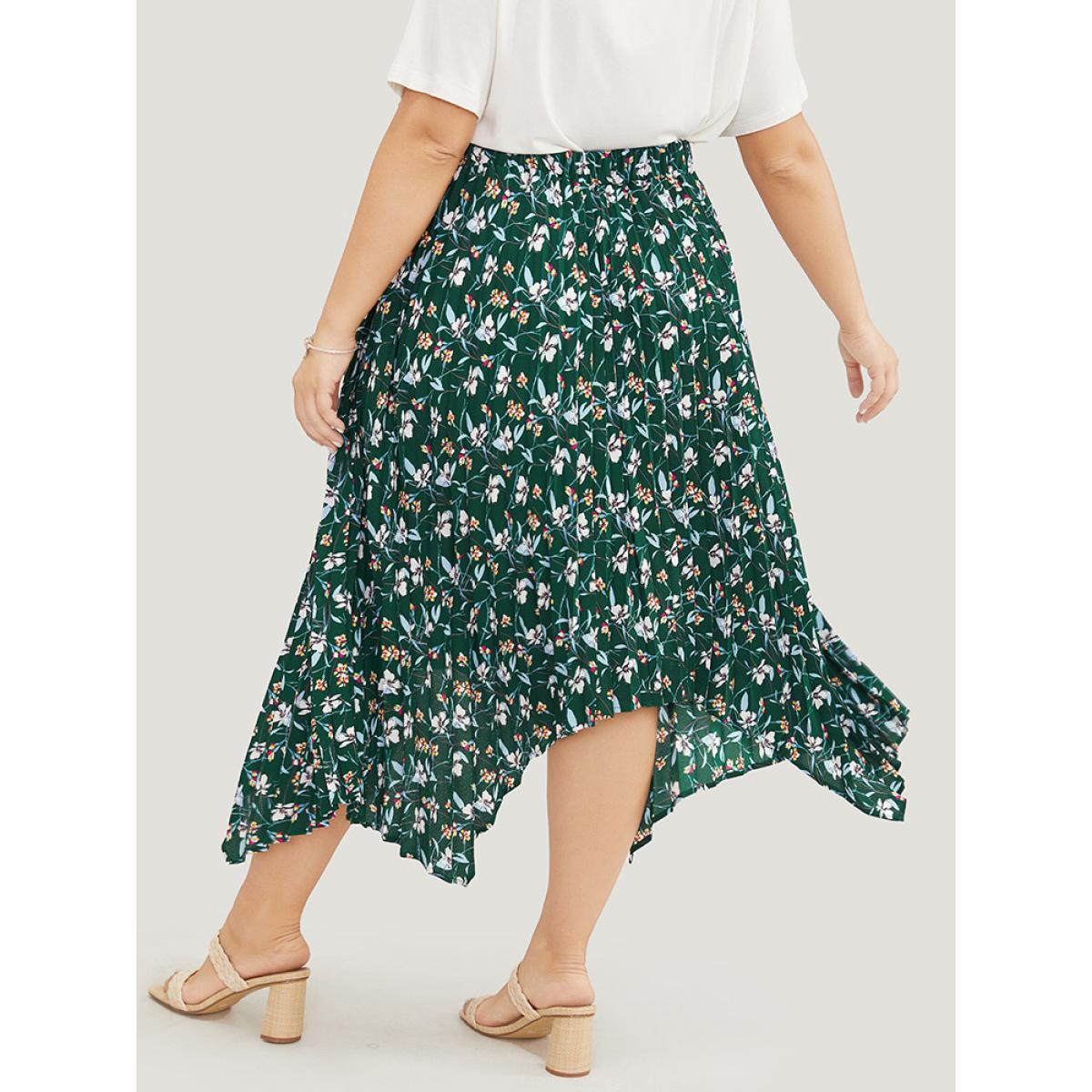 Plus Size Ditsy Floral Pleated Hanky Hem Skirt Women DarkGreen Elegant Asymmetrical No stretch Dailywear Skirts BloomChic 30/6X Product Image