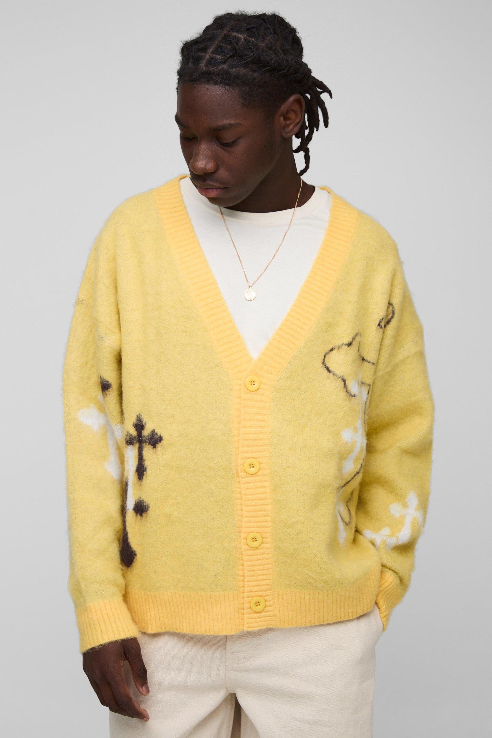 Mens Oversized Boxy Cross Brushed Knitted Cardigan - Yellow Product Image