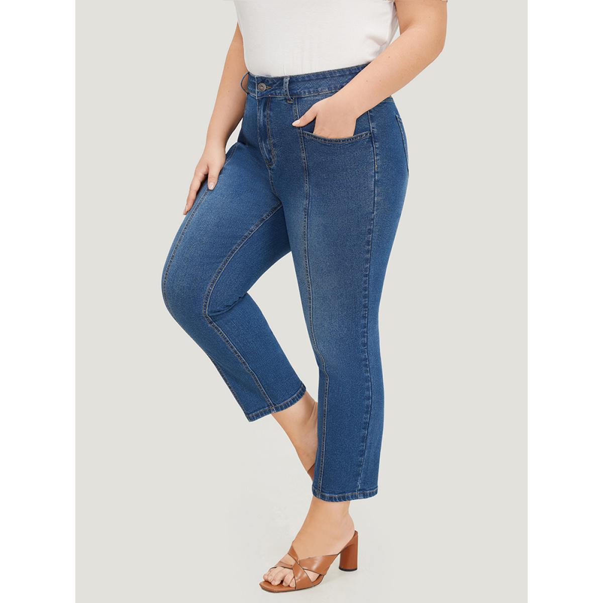 Plus Size Very Stretchy Pocket High Rise Patchwork Jeans Women Blue Casual Plain Embroidered High stretch Pocket Jeans BloomChic 30/6X Product Image