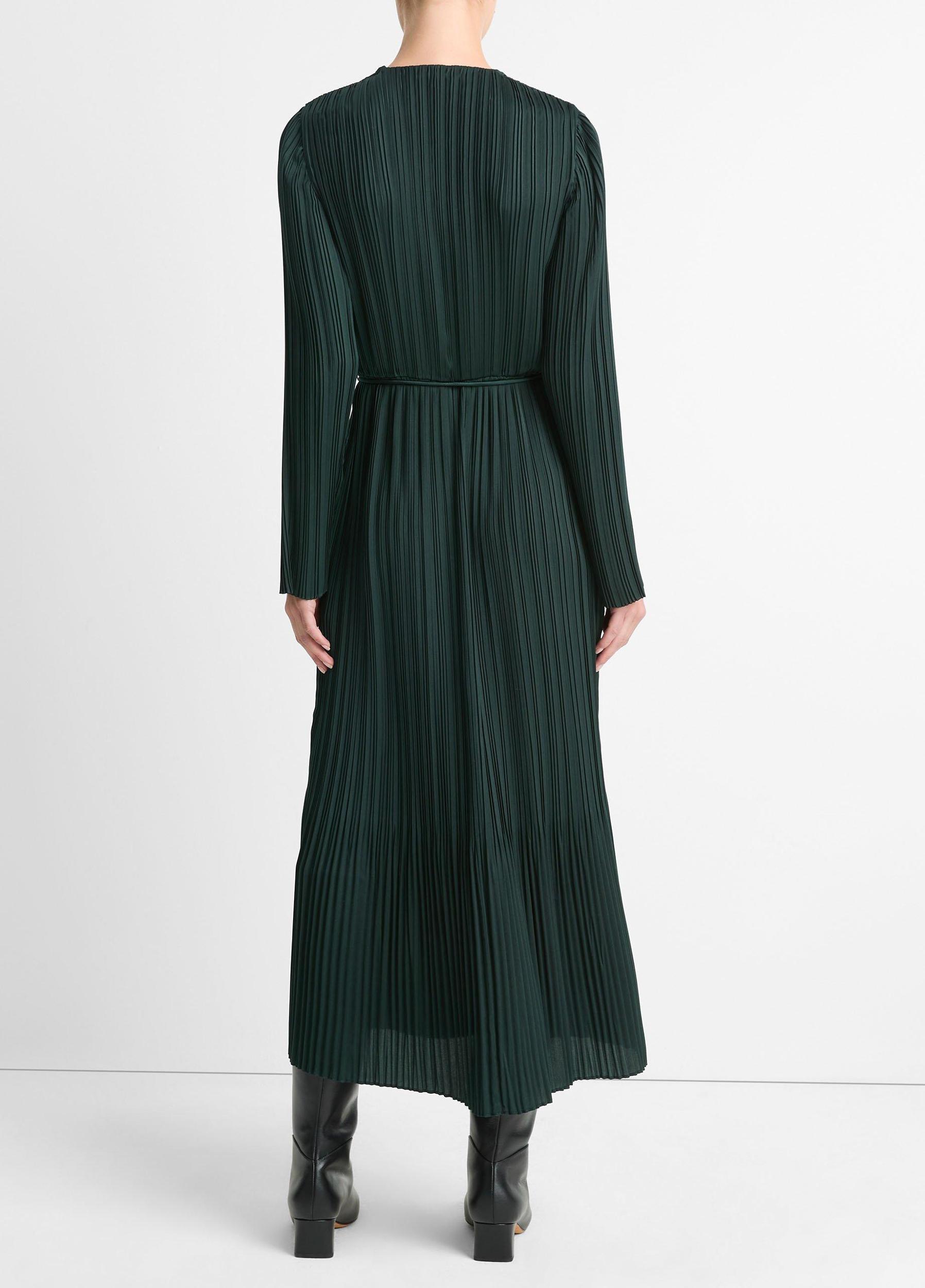 Pleated Satin Long-Sleeve Dress Product Image