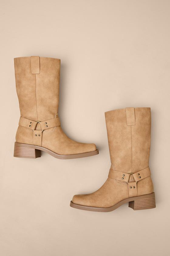 Autumn Natural Distressed Knee-High Moto Boots Product Image