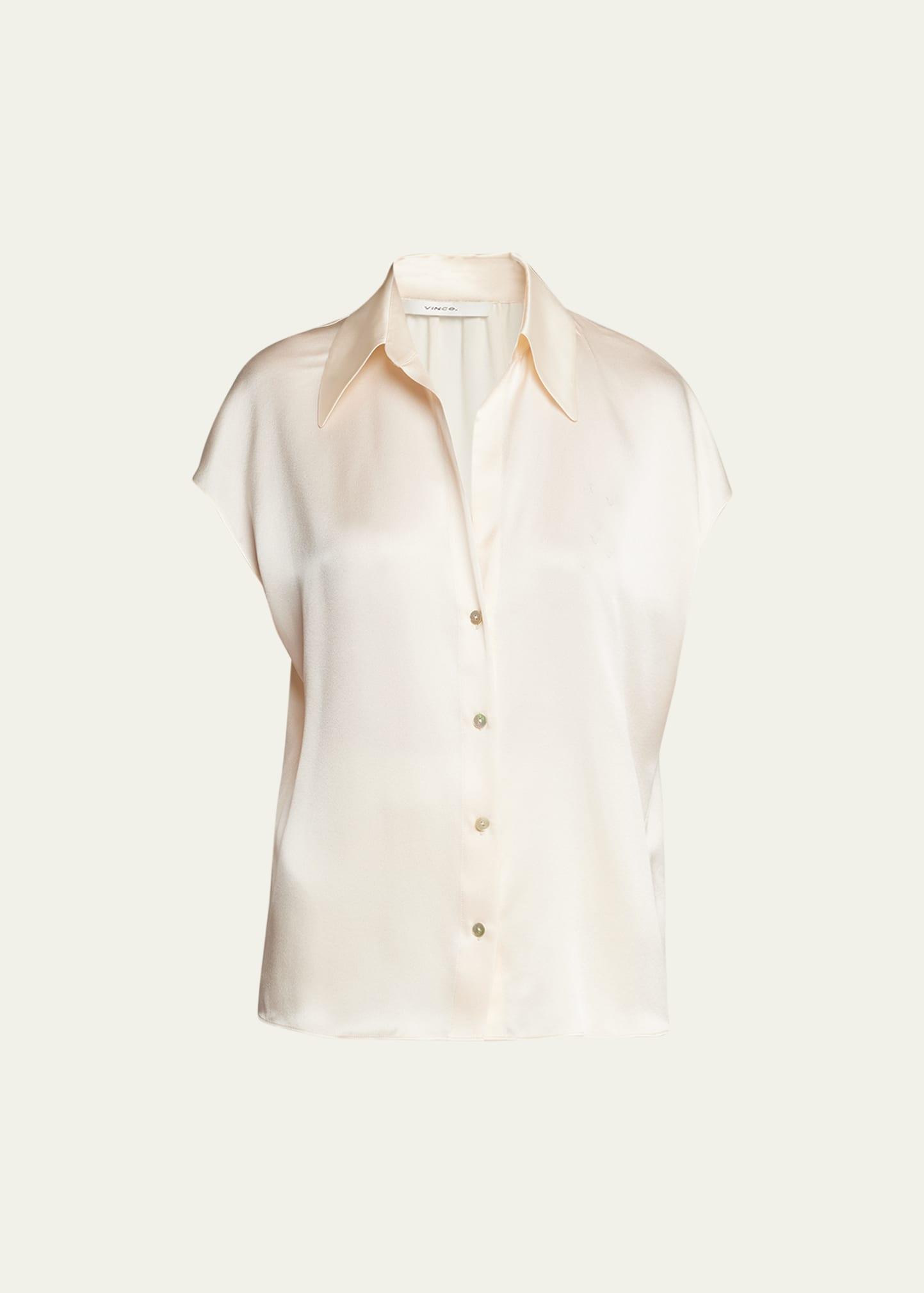 Cap-Sleeve Ruched-Back Silk Blouse Product Image