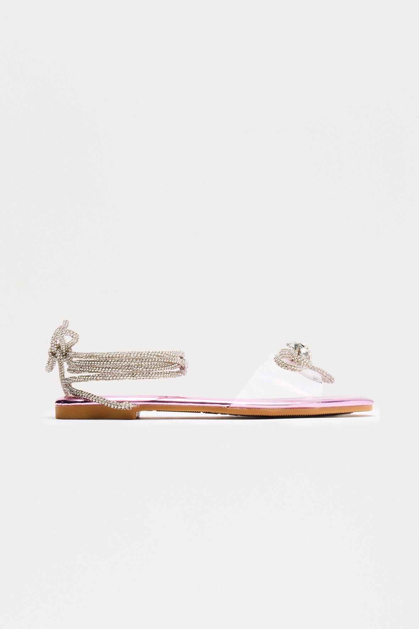 Elian Rhinestone Bow Wrap Up Sandals - Pink Product Image