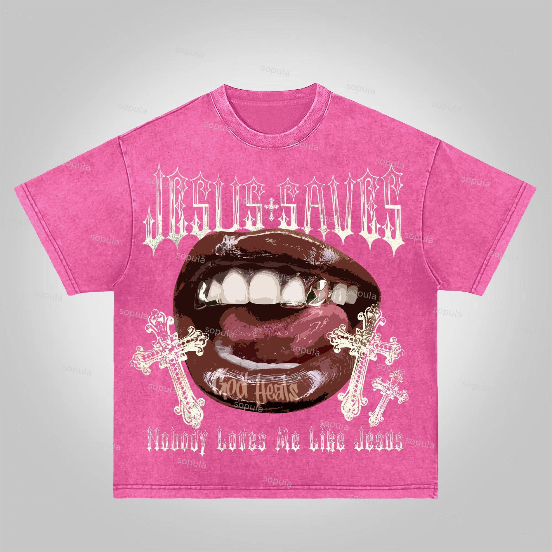 Sopula Jesus Saves Lips Cross Graphic Acid Wash T-shirt Product Image