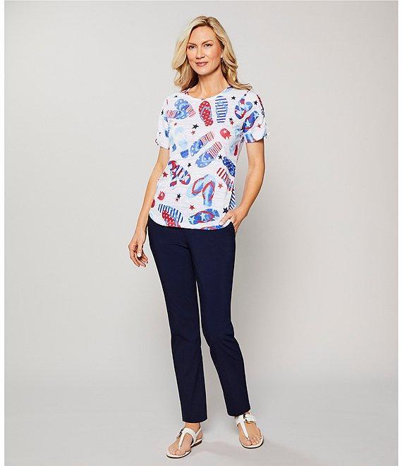 Allison Daley Flip Flops Stars And Stripe Print Short Ruched Tie Sleeve Crew Neck Knit Top Product Image