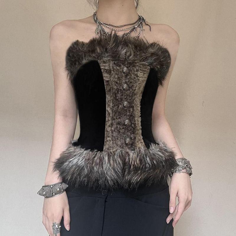 Faux Fur Trim Color-Block Tube Top Product Image