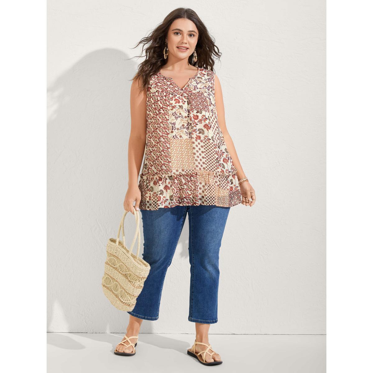 Plus Size Chiffon Boho Collage Flowy Tank Top Women Apricot Gathered Notched collar Vacation Tank Tops Camis BloomChic 14-16/1X Product Image