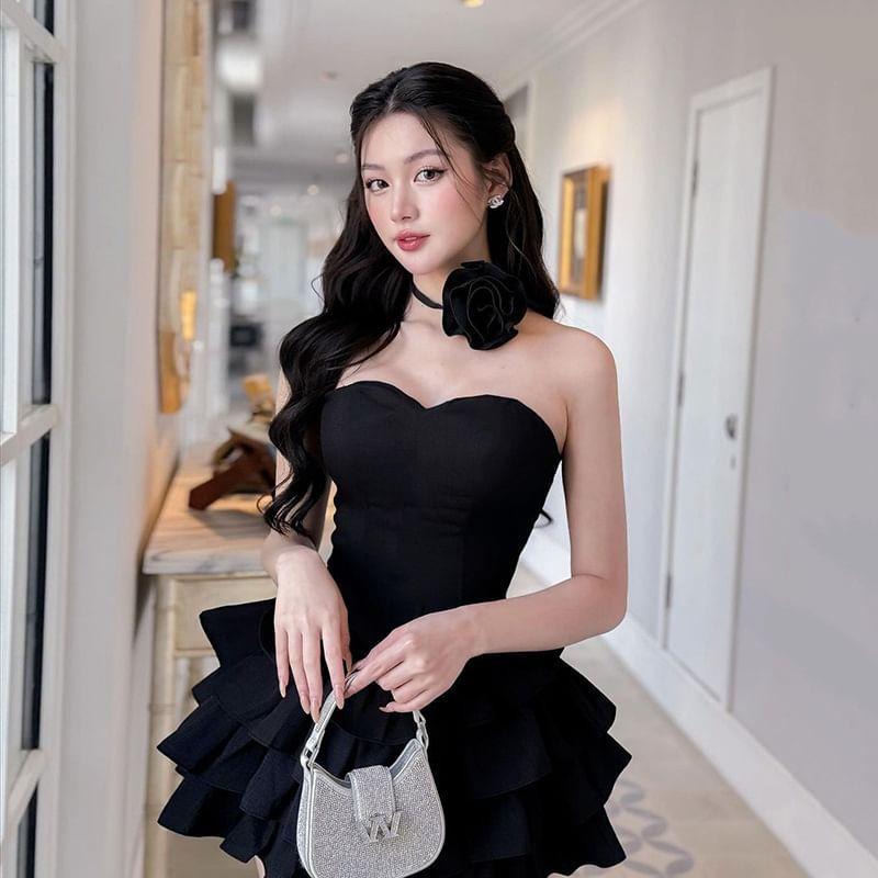 Sleeveless Plain 3D Flower Layered Mini A-Line Dress Product Image