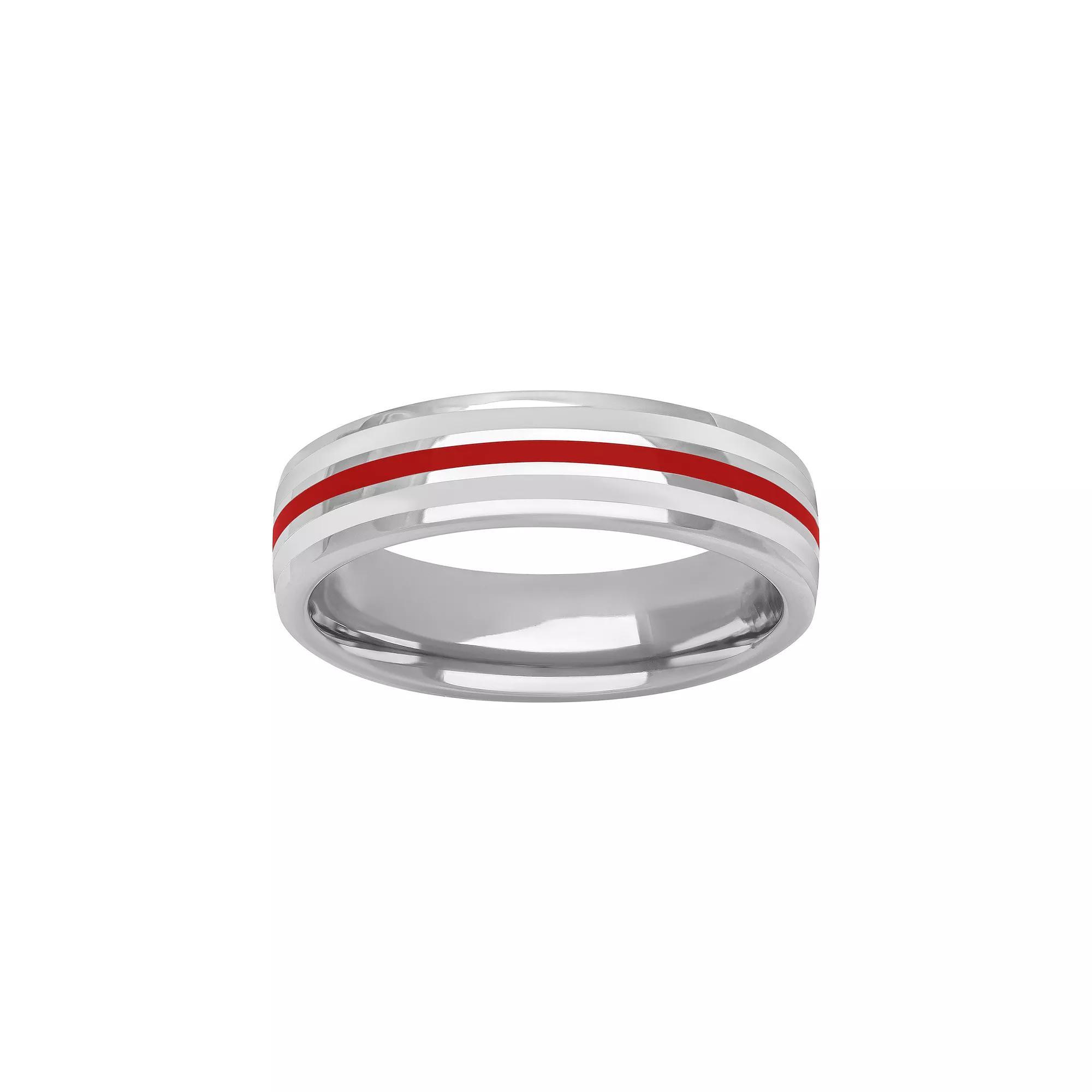 AXL Sterling Silver Ceramic Striped Mens Ring Red Black Product Image