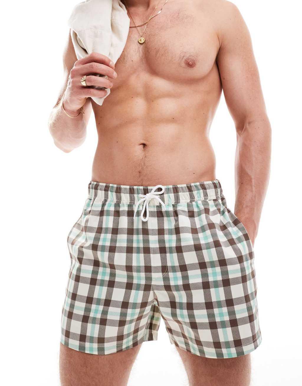 ASOS DESIGN swim shorts in short length in plaid print Product Image