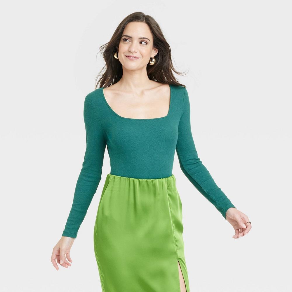 Womens Long Sleeve Slim Fit T-Shirt - A New Day Teal Blue XXL Product Image