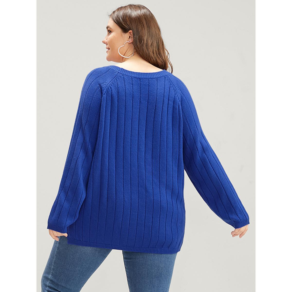 Plus Size Solid Pointelle Knit Cut Out Split Hem Rib Knit Top Aegean Women Elegant Loose Long Sleeve Dailywear Pullovers BloomChic 26/4X Product Image