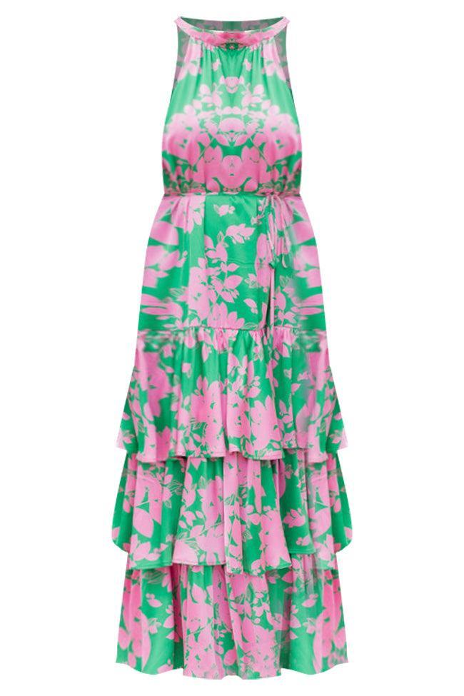 An Inspiration Green and Pink Printed Satin Halter Maxi Dress FINAL SALE Product Image