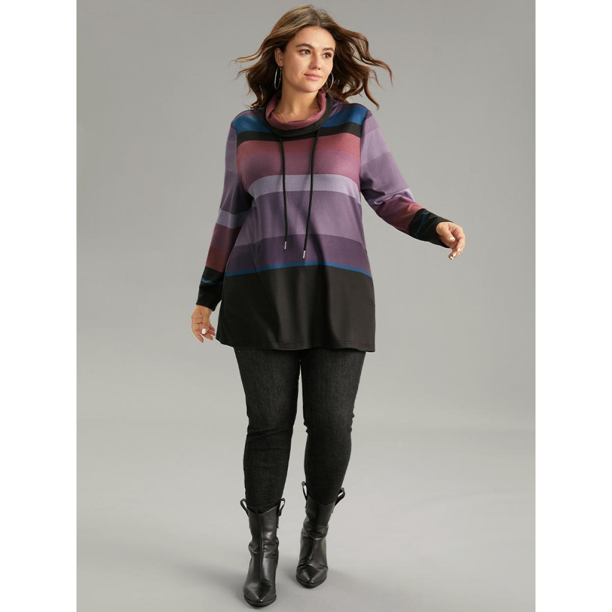 Plus Size Colorblock Contrast Mock Neck Drawstring Sweatshirt Women Multicolor Casual Contrast Mock Neck Dailywear Sweatshirts BloomChic 12/L Product Image