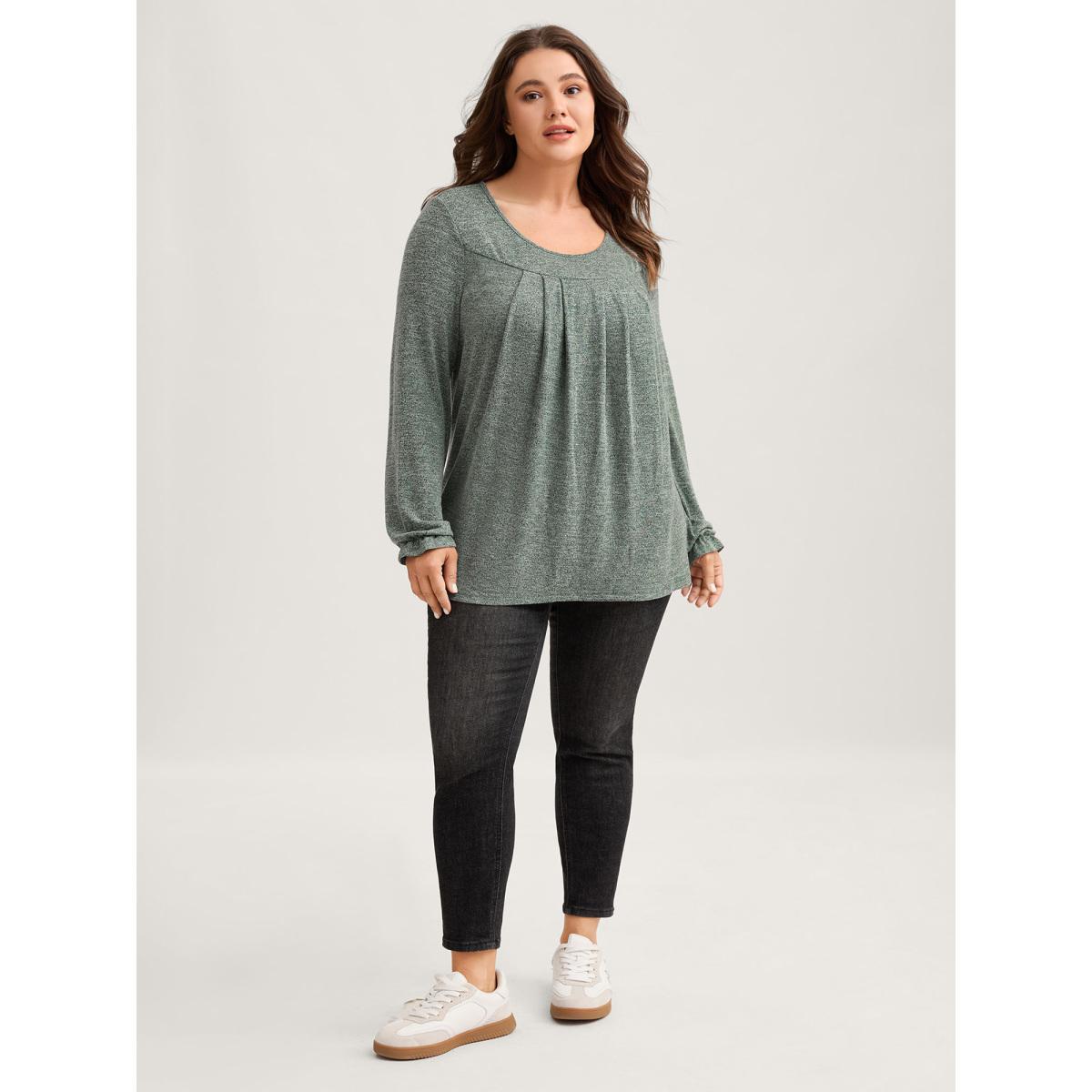 Plus Size Round Neck Heather Pleated T-shirt Emerald Women Elegant Pleated Round Neck Loose Everyday T-shirts BloomChic 26/4X Product Image