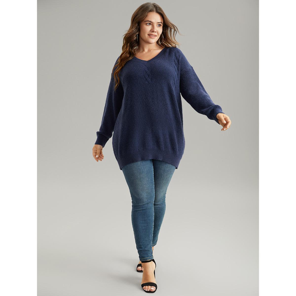 Plus Size Anti-Pilling Solid Cable Knit Button Detail Pullover Indigo Women Casual Loose Long Sleeve V-neck Dailywear Pullovers BloomChic 22-24/3X Product Image