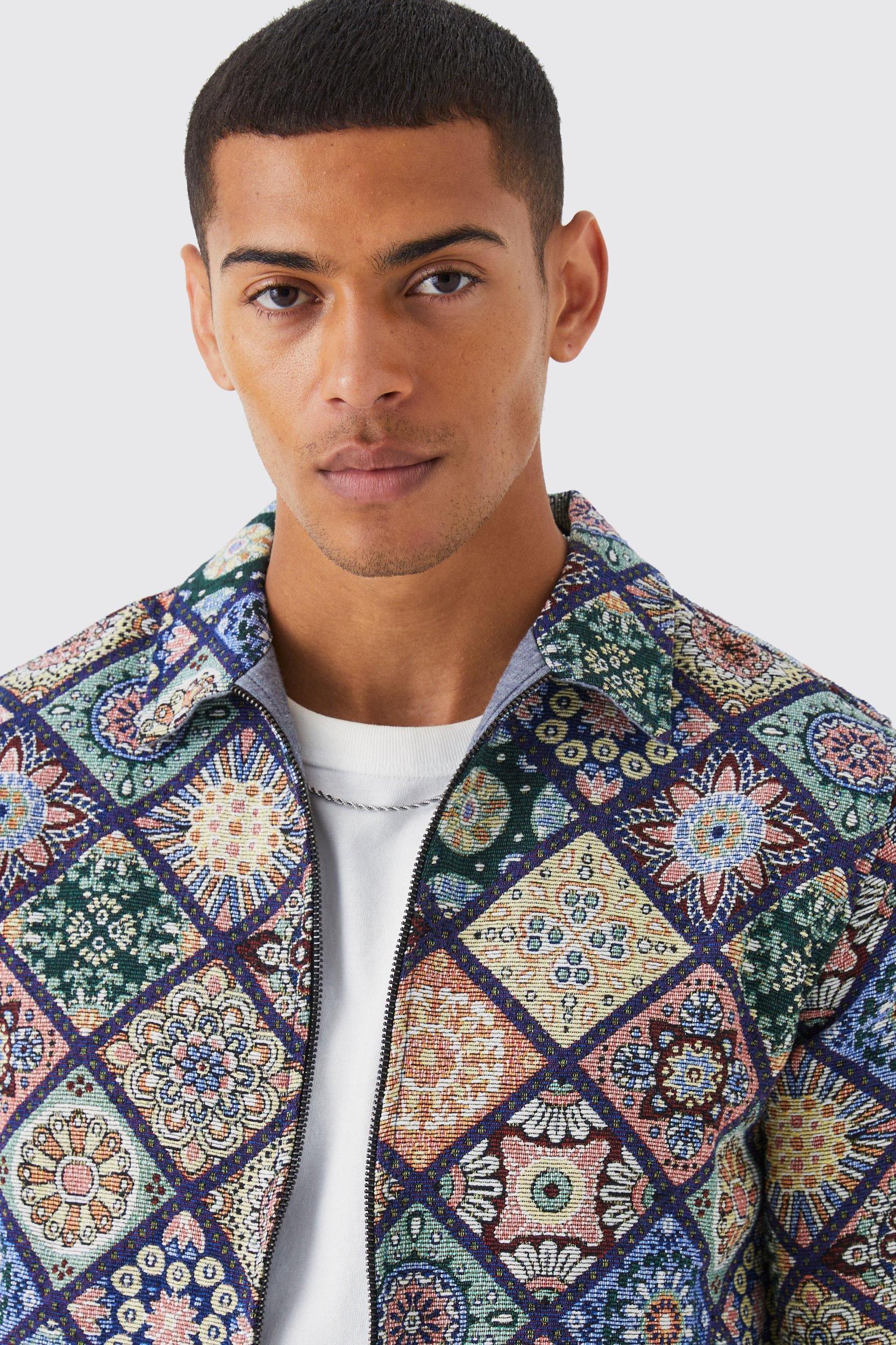 Long Sleeve Zip Through Diamond Tapestry Shirt Jacket | boohooMAN USA Product Image