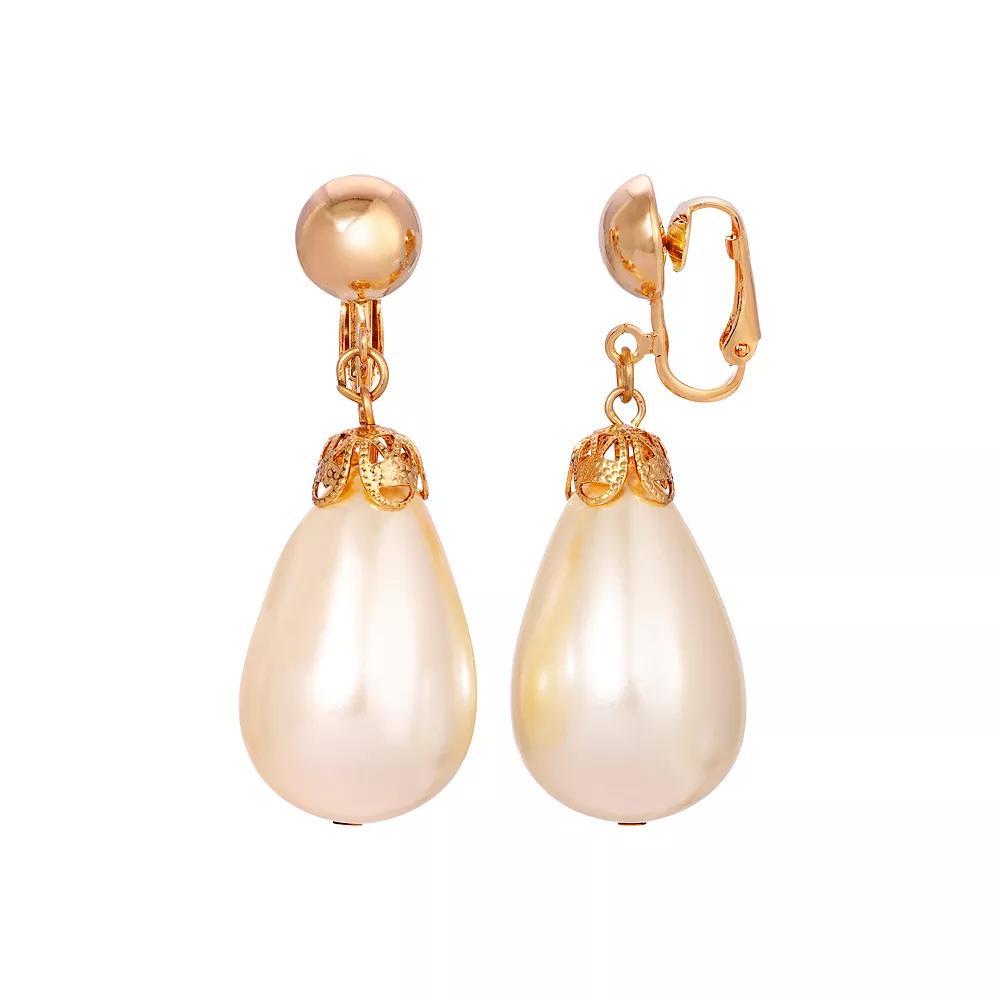 1928 Gold Tone Pear-Shaped Faux Pearl Clip-On Earrings, Womens, White Product Image