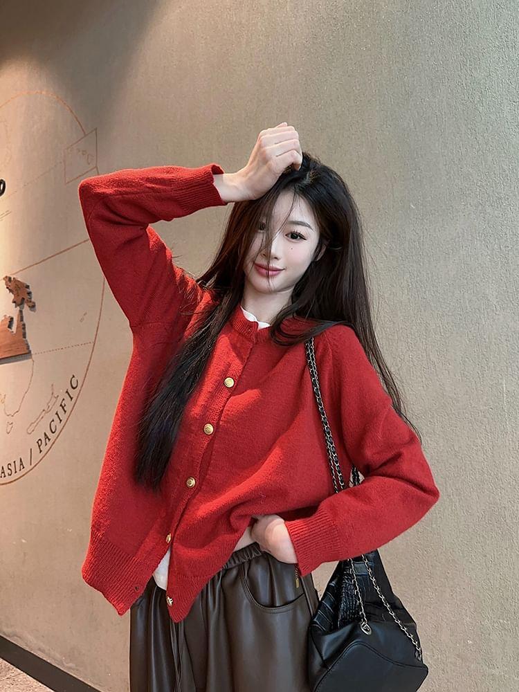Crewneck Button-Up Plain Cardigan Product Image