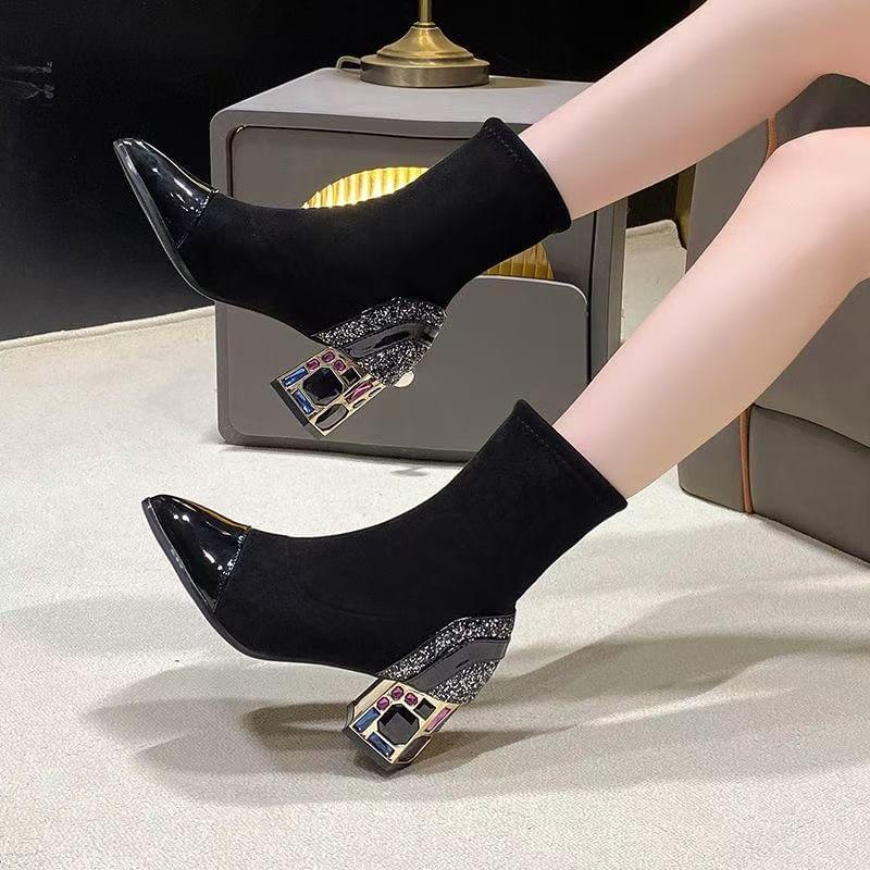 Chunky Heel Pointed Toe Sequin Panel Short Boots Product Image