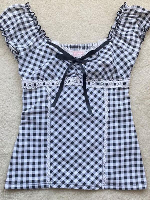 Lace Trim Checkered Blouse Product Image