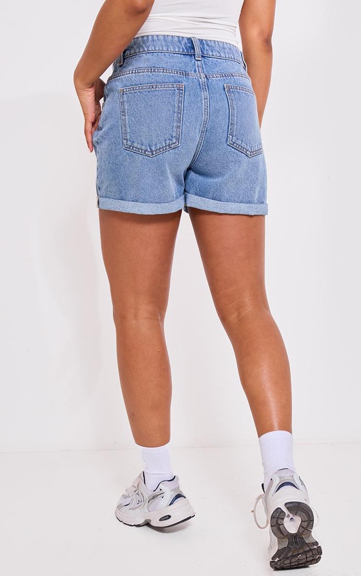Mid Blue Wash Turn Up Mom Denim Shorts Product Image