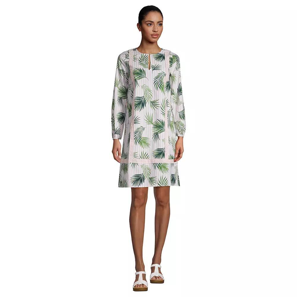 Women's Lands' End Poplin Relaxed-Fit Splitneck Dress, Size: Small, White Pink Palm Product Image