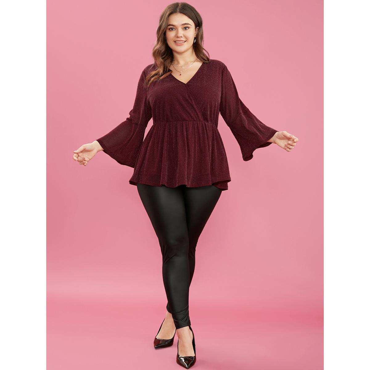 Plus Size Scarlet Solid Surplice Neck Bell Sleeve Glitter Blouse Women Glamour Elbow-length sleeve V-neck Dailywear Blouses BloomChic 30/6X Product Image