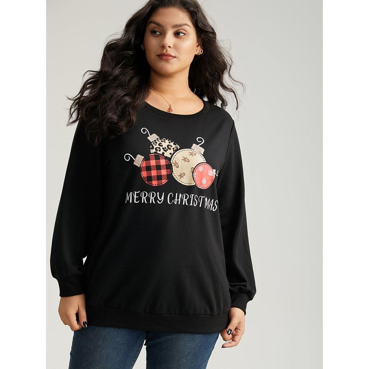 Plus Size Christmas Graphic Sequin Elastic Cuffs Sweatshirt Women Black Elegant Sequin Festival-Christmas Sweatshirts BloomChic 22-24/3X Product Image
