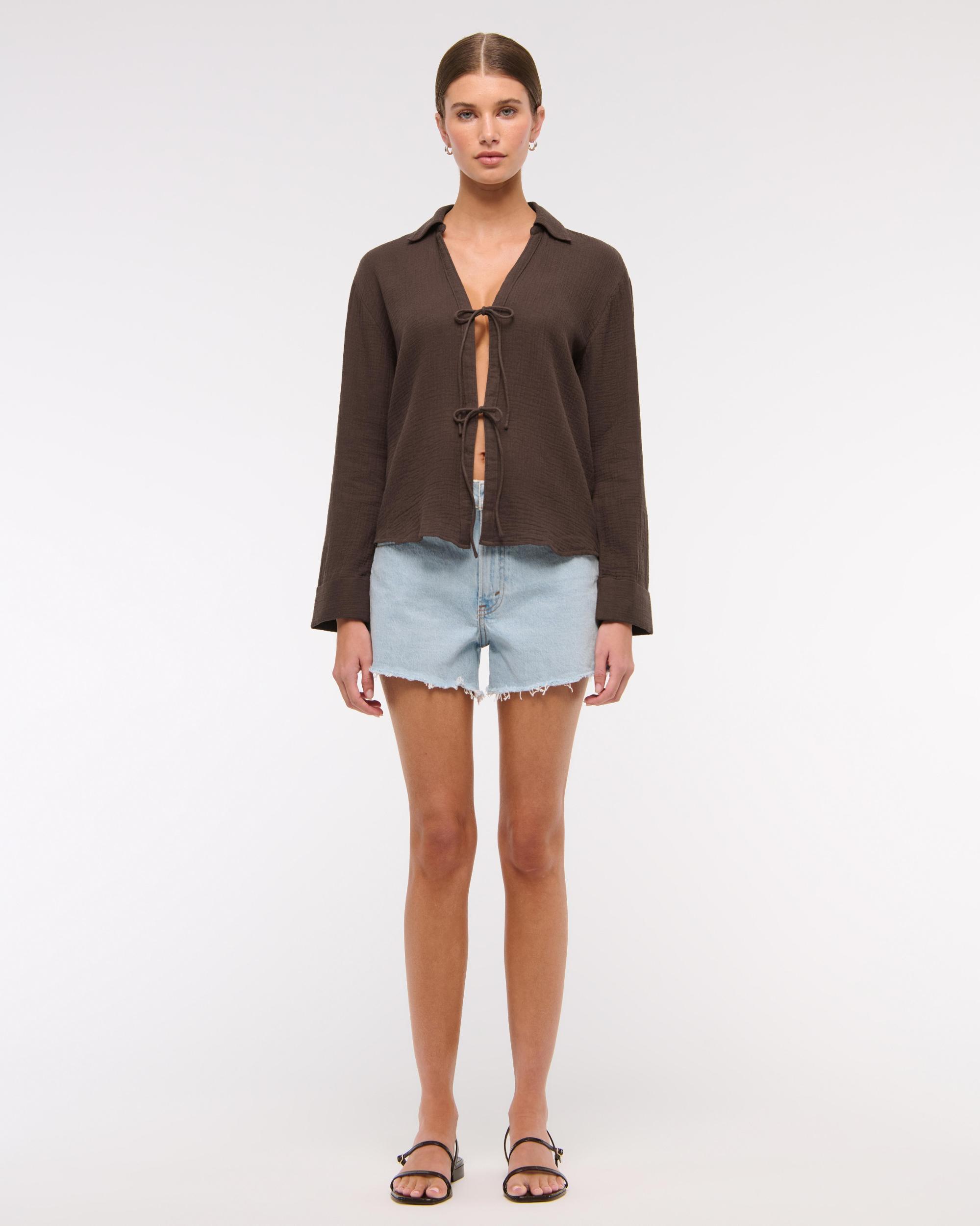 Long-Sleeve Oversized Tie-Front Gauzy Shirt Product Image