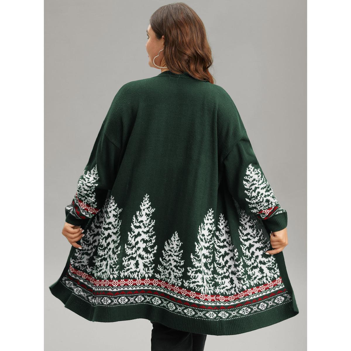 Plus Size Christmas Trees Contrast Cardigan DarkGreen Women Casual Loose Long Sleeve Festival-Christmas Cardigans BloomChic 12/L Product Image