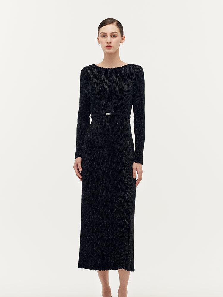 Velvet Glitter Stretch Asymmetrical Hem Top And Skirt Two-Piece Set Wi Product Image