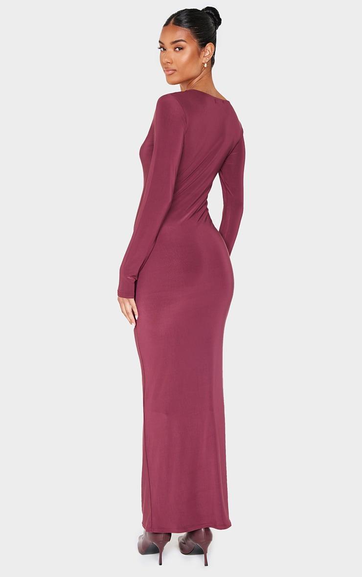 Burgundy Double Slinky Asymmetric Neckline Long Sleeve Maxi Dress Product Image